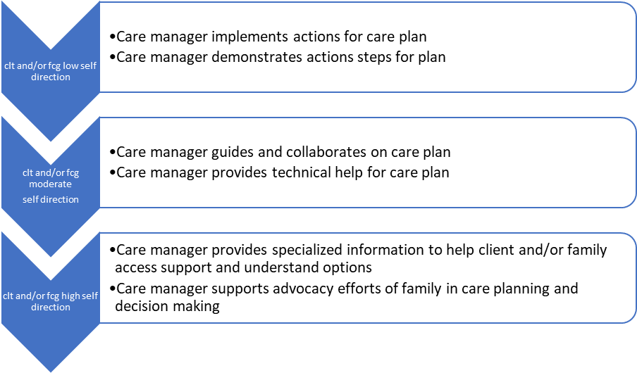 Figure 1. Examples of Direct Intervention Roles Available to Case Managers clt = older adult client. fcg = family caregiver (related or by choice, blood, or affinity) self direction = the goal of achieving autonomy within the parameters of the individual's cultural congruency and value of being autonomous. This means that for some cultures autonomy can be family-centric Source: Adapted from Moxley, 1989.